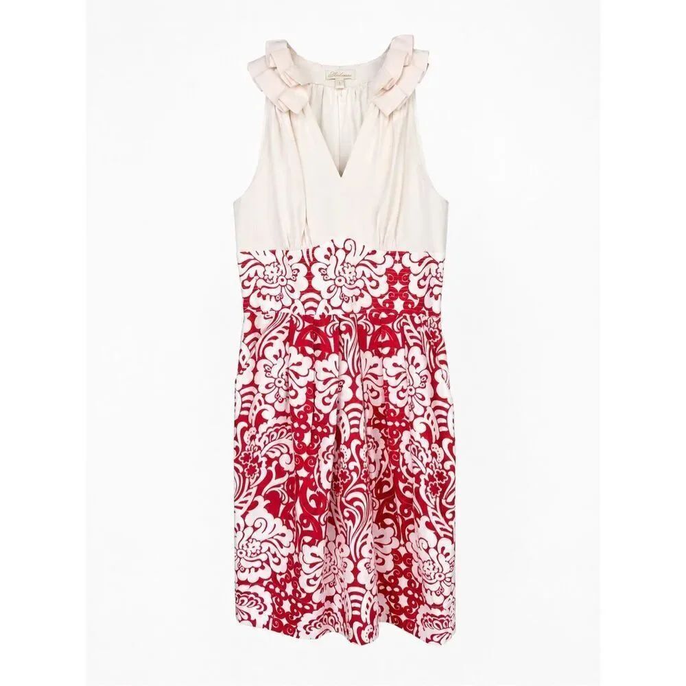 Shoshanna Red Ivory Damask Dress Women’s Size 4 Silk Trim Fit & Flare Cocktail